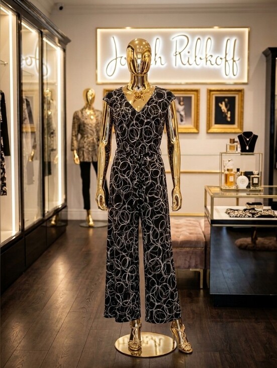 Joseph Ribkoff Pants - Joseph Ribkoff Black Printed V-Neck Wide-Leg Jumpsuit